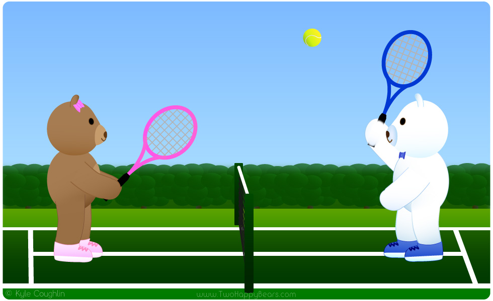 Learn the letter T. The Two Happy Bears are playing tennis. Tennis begins with the letter T.