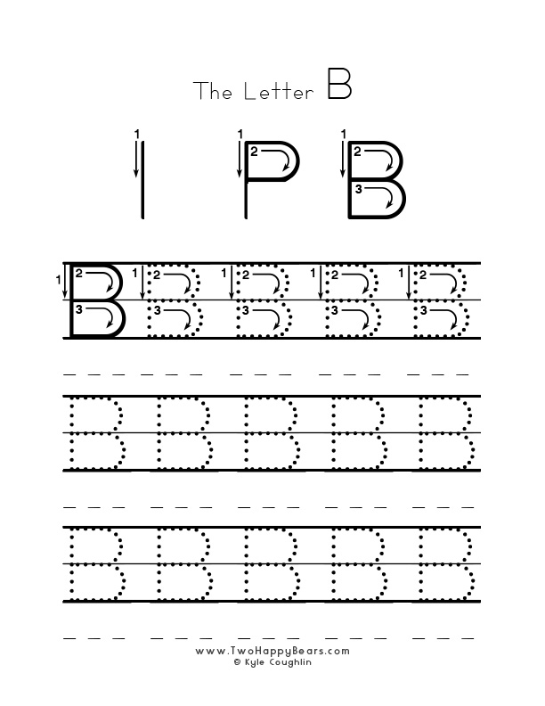 Several guided examples of the letter B in uppercase to trace for practice.