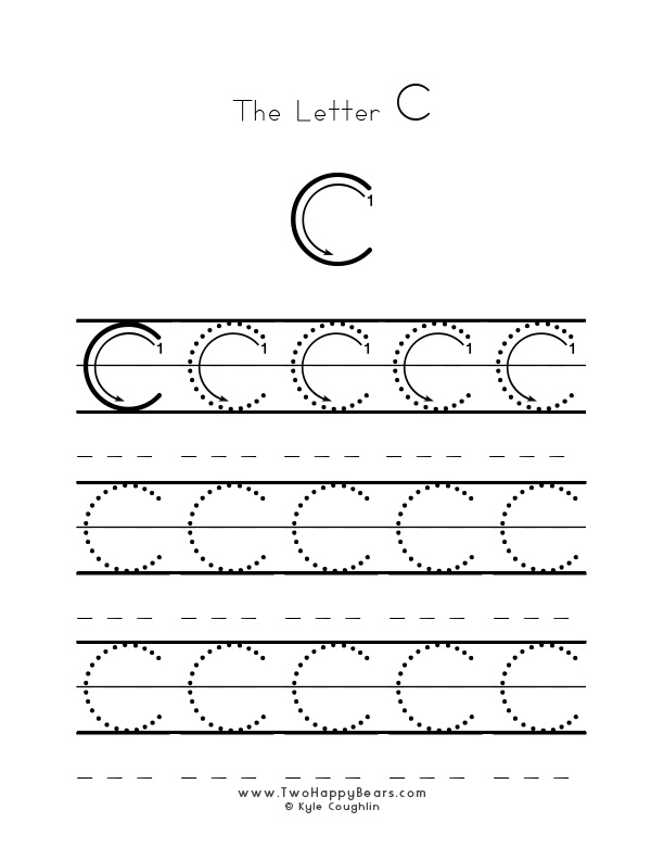 Several guided examples of the letter C in uppercase to trace for practice.