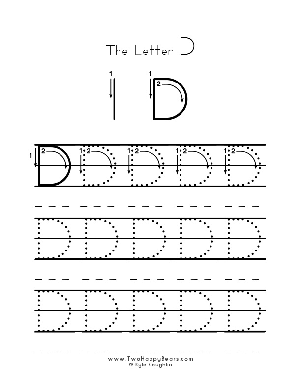 Several guided examples of the letter D in uppercase to trace for practice.