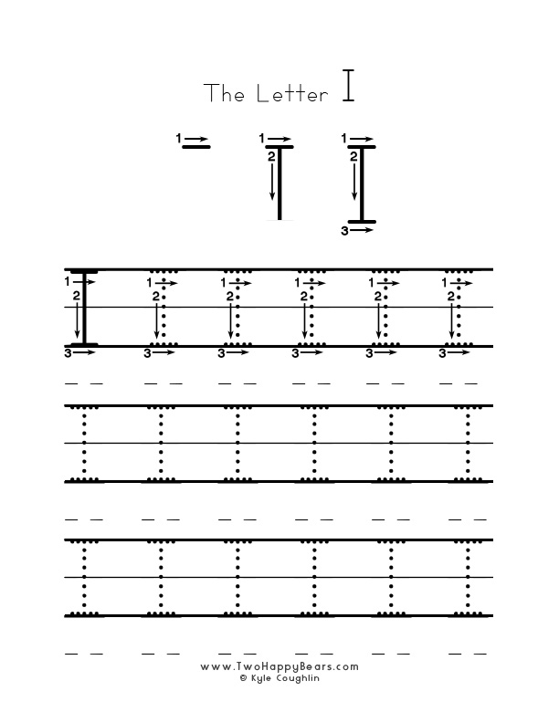 Medium size uppercase letter I worksheet for tracing