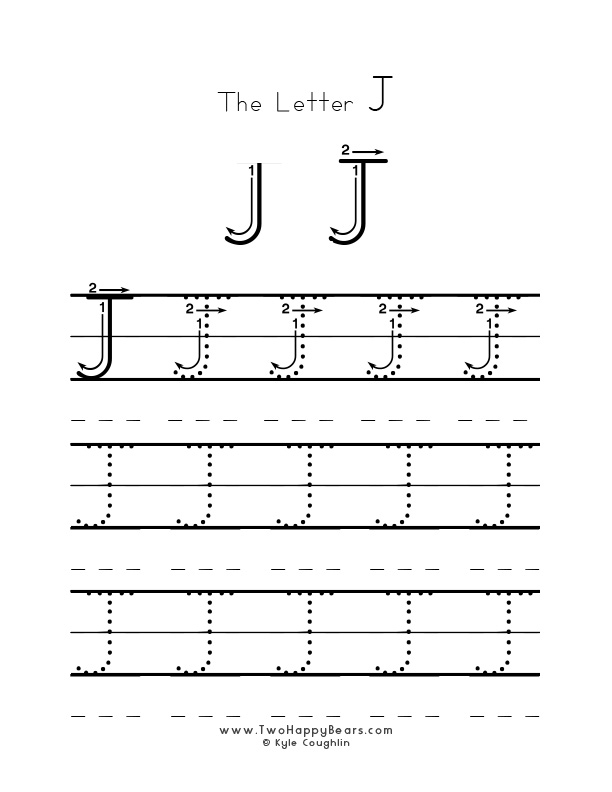 Several guided examples of the letter J in uppercase to trace for practice.