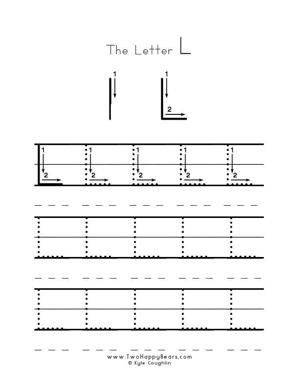 Several guided examples of the letter L in uppercase to trace for practice.