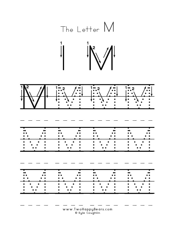 Medium size uppercase letter M worksheet for tracing