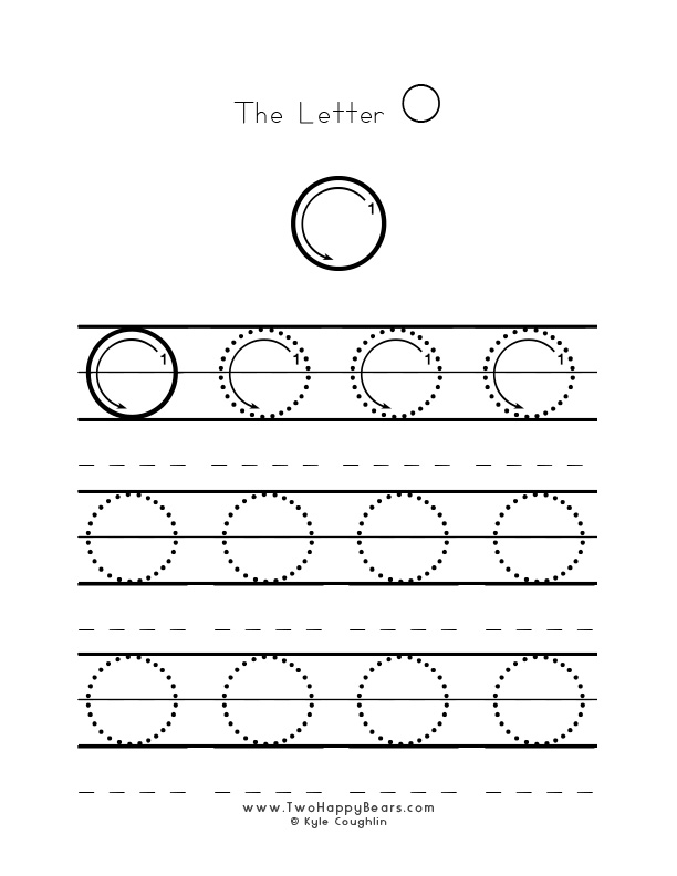 Several guided examples of the letter O in uppercase to trace for practice.
