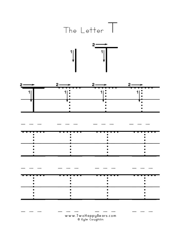 Several guided examples of the letter T in uppercase to trace for practice.