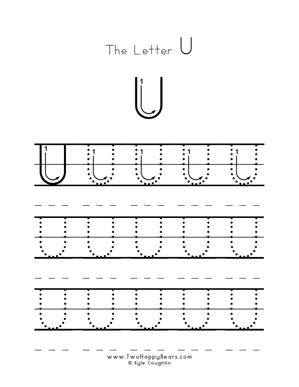 Medium size uppercase letter U worksheet for tracing