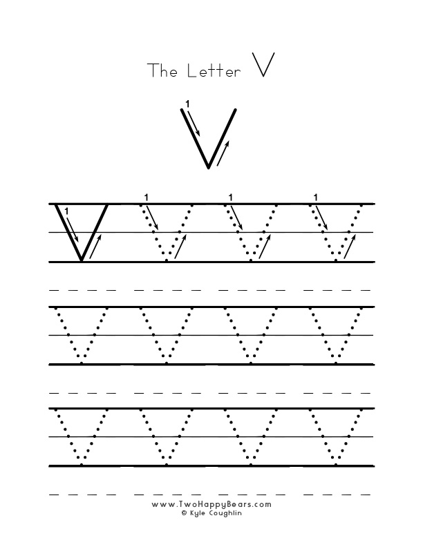 Practice worksheet for writing the letter V, upper case, with several connect the dots examples to trace, in free printable PDF format.