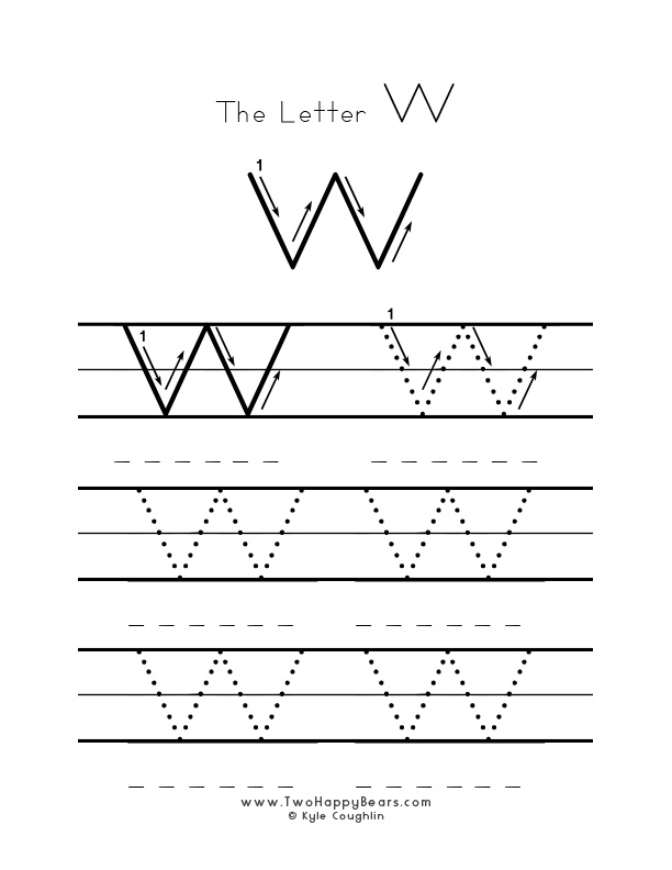 Practice worksheet for writing the letter W, upper case, with several connect the dots examples to trace, in free printable PDF format.
