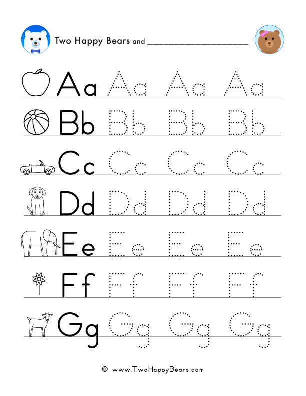 Practice tracing letters A through G in uppercase and lowercase, with pictures for each letter.