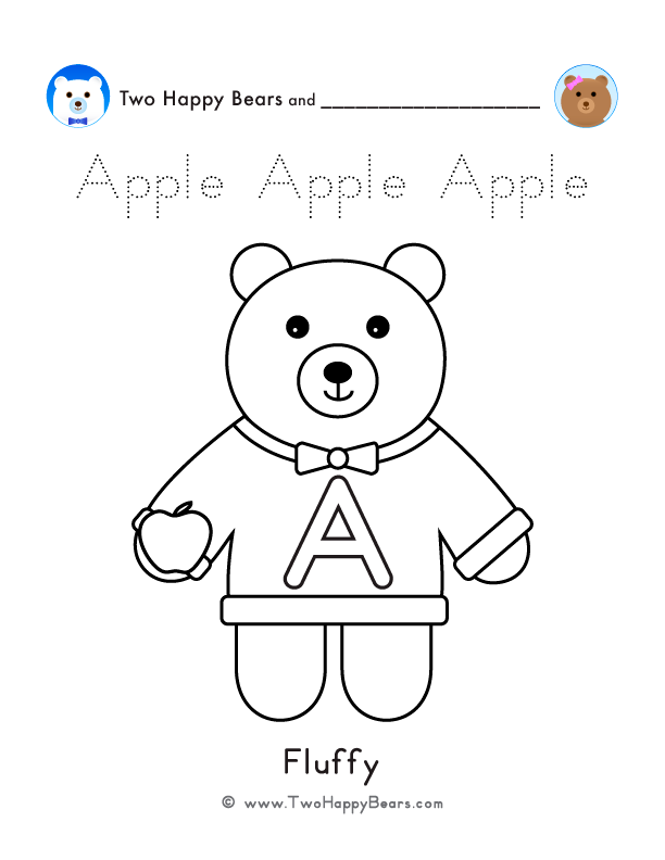 Color the letter A sweater with Fluffy of the Two Happy Bears. Also, trace the word Apple. Free printable PDF.