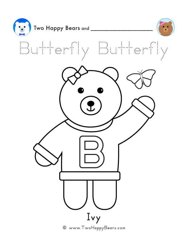 Color the letter B sweater with Ivy of the Two Happy Bears. Also, trace the word Butterfly. Free printable PDF.