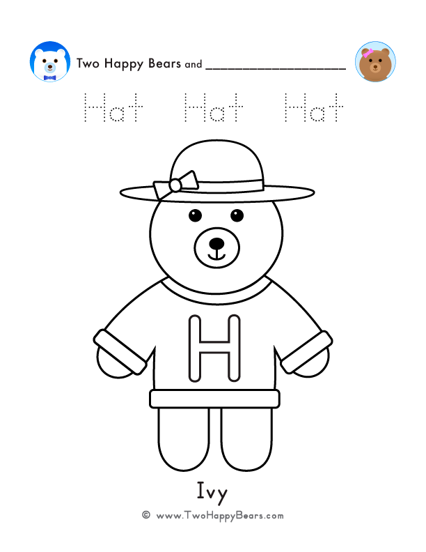 Color the letter H sweater with Ivy of the Two Happy Bears. Also, trace the word Hat. Free printable PDF.