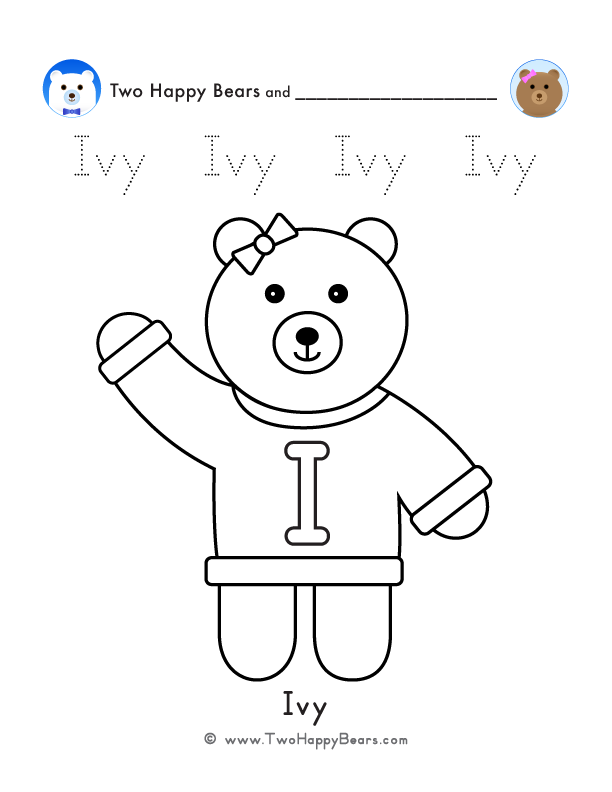 Color the letter I sweater with Ivy of the Two Happy Bears. Also, trace the word Ivy. Free printable PDF.
