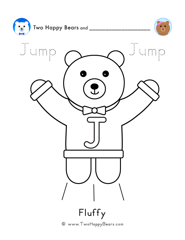 Color the letter J sweater with Fluffy of the Two Happy Bears. Also, trace the word Jump. Free printable PDF.