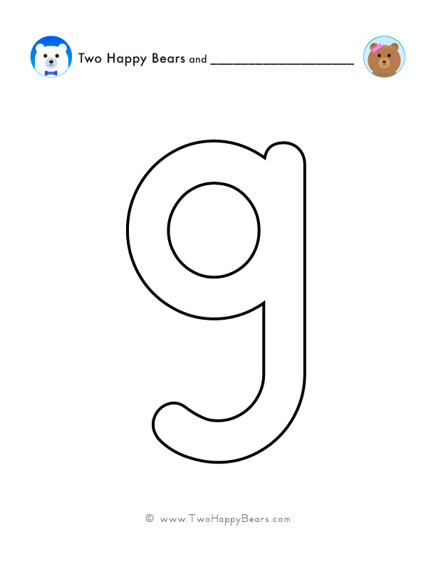 Free printable coloring page of a large letter G lowercase with the Two Happy Bears.
