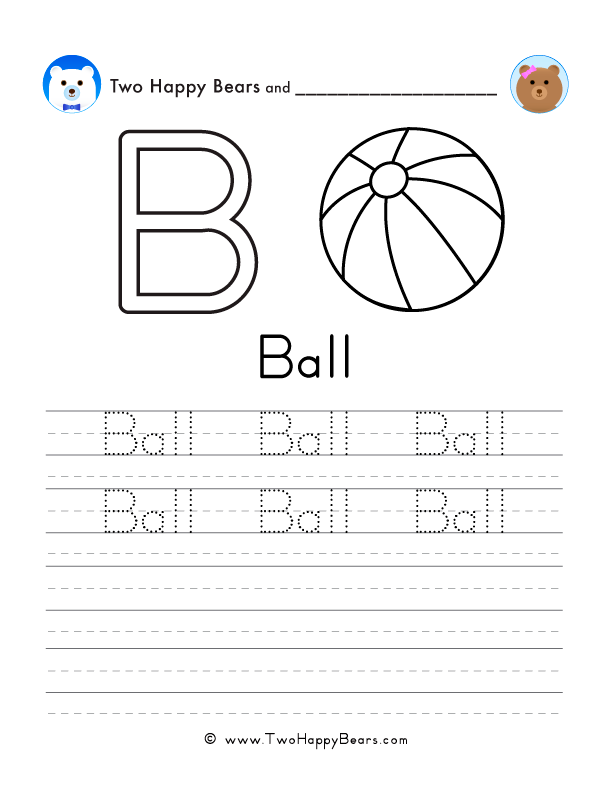 Free printable sheet for tracing and writing the word ball, and a picture of a ball to color.