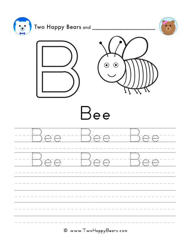 Free printable sheet for tracing and writing the word bee, and a picture of a bee to color.