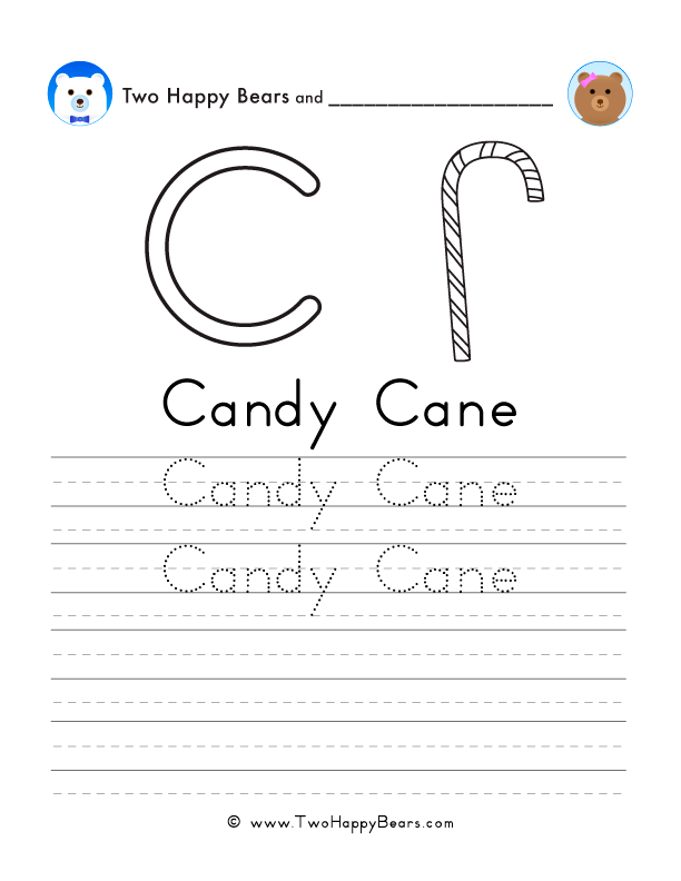 Free printable PDFs for each letter of the alphabet to trace and color words, like candy cane.