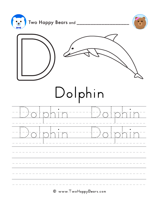 Free printable sheet for tracing and writing the word dolphin, and a picture of a dolphin to color.