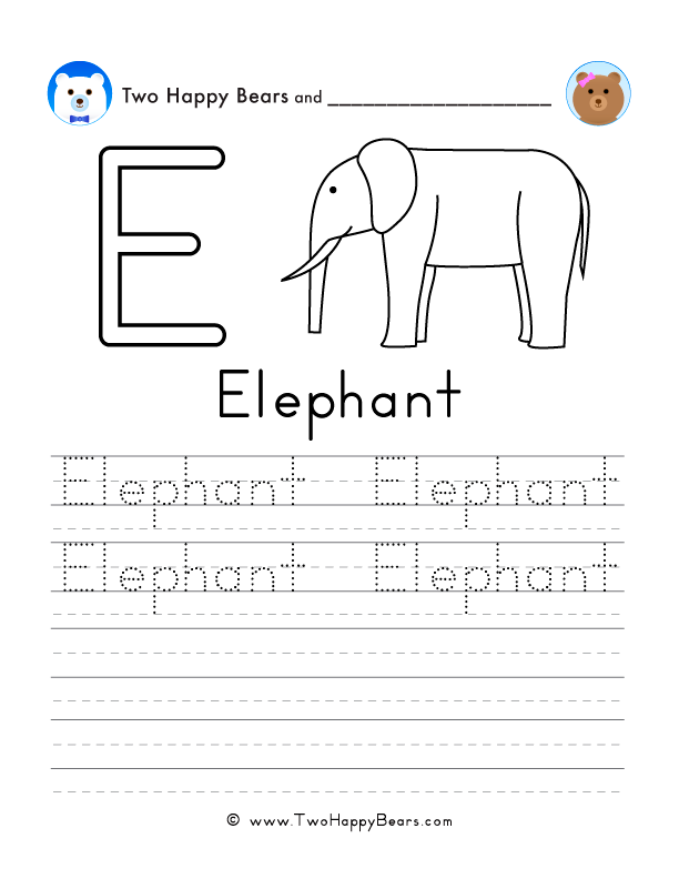 Free printable sheet for tracing and writing the word elephant, and a picture of a elephant to color.
