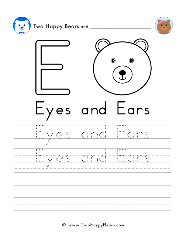 Free printable sheet for tracing and writing the words eyes and ears, and a picture of eyes and ears to color.
