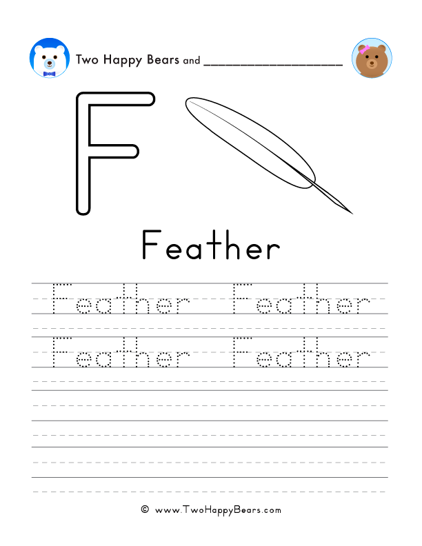 Free printable sheet for tracing and writing the word feather, and a picture of a feather to color.