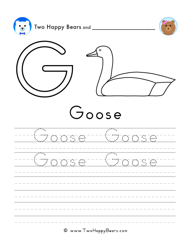 Free printable worksheets for tracing, writing, and coloring words that start with letter G.