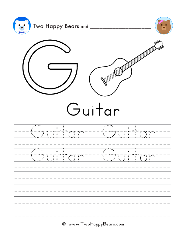 Free printable sheet for tracing and writing the word guitar, and a picture of a guitar to color.