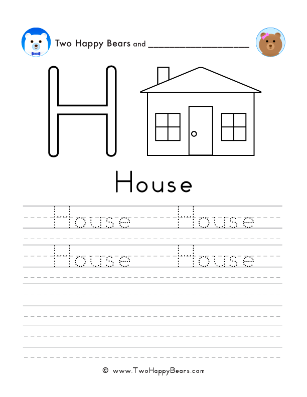 Free printable PDFs for each letter of the alphabet to trace and color words, like house.