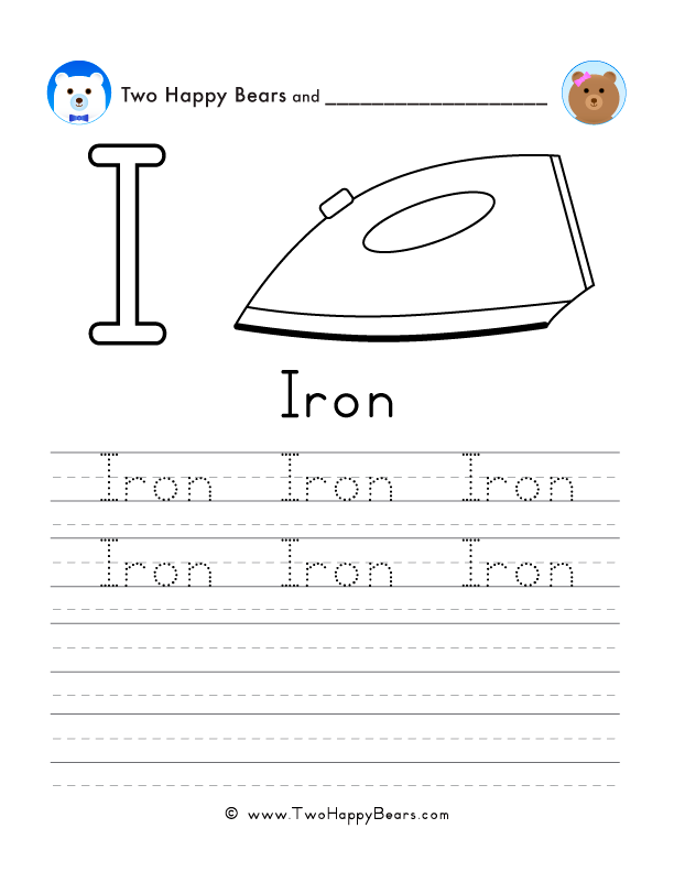Free printable sheet for tracing and writing the word iron, and a picture of an iron to color.