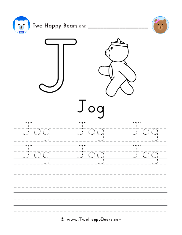 Free printable sheet for tracing and writing the word jog, and a picture to color of a bear jogging.