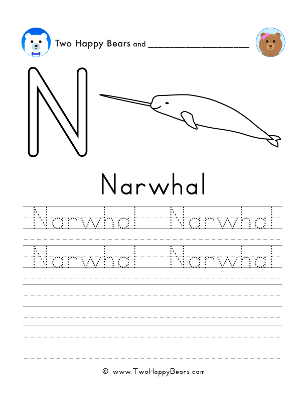 Free printable sheet for tracing and writing the word narwhal, and a picture of a narwhal to color.