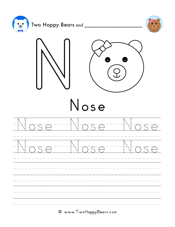 Free printable sheet for tracing and writing the word nose, and a picture of the nose on a bear to color.