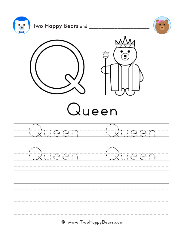 Free printable sheet for tracing and writing the word queen, and a picture of a queen to color.