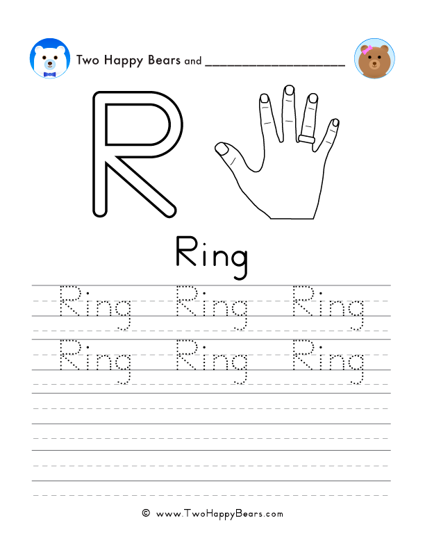 Free printable sheet for tracing and writing the word ring, and a picture a ring to color.