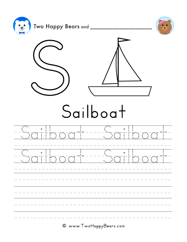 Free printable sheet for tracing and writing the word sailboat, and a picture of a sailboat to color.