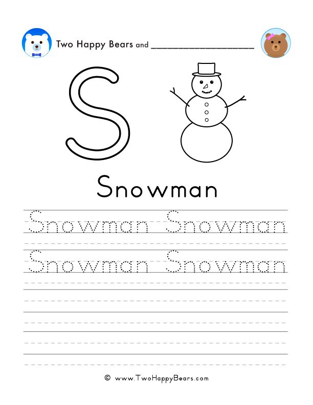Free printable sheet for tracing and writing the word snowman, and a picture of a snowman to color.