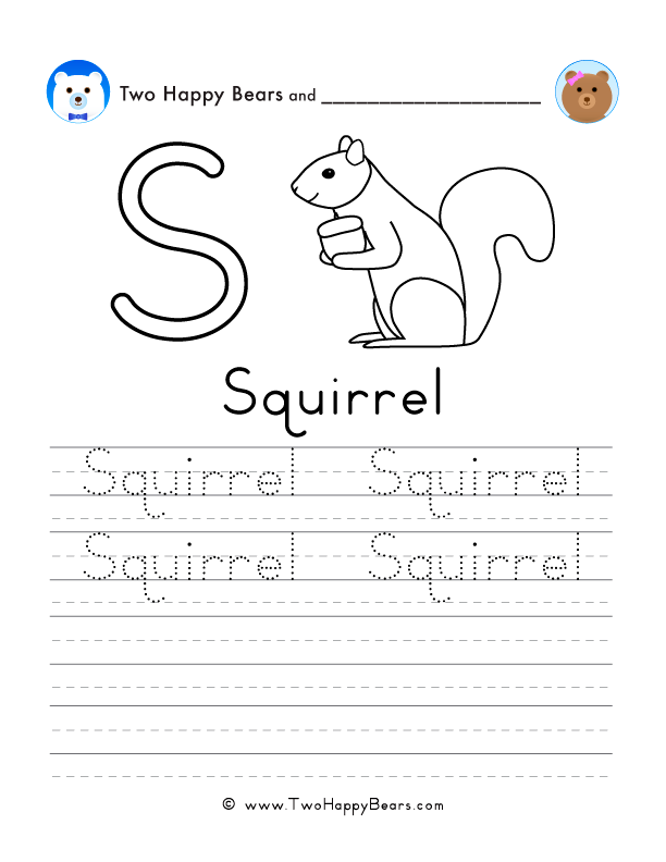Free printable sheet for tracing and writing the word squirrel, and a picture of a squirrel to color.