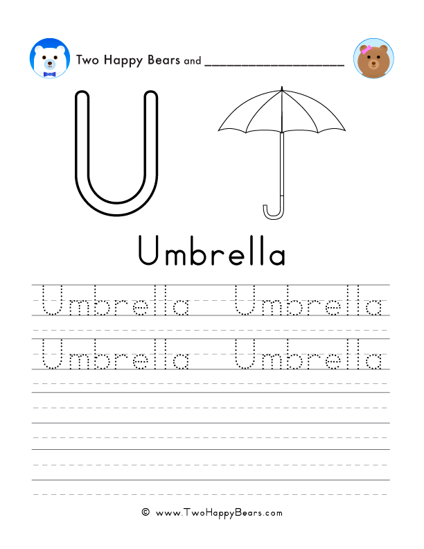 Free printable sheet for tracing and writing the word umbrella, and a picture of an umbrella to color.
