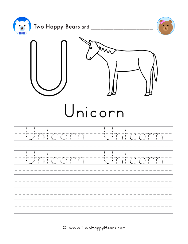 Free printable sheet for tracing and writing the word unicorn, and a picture of a unicorn to color.