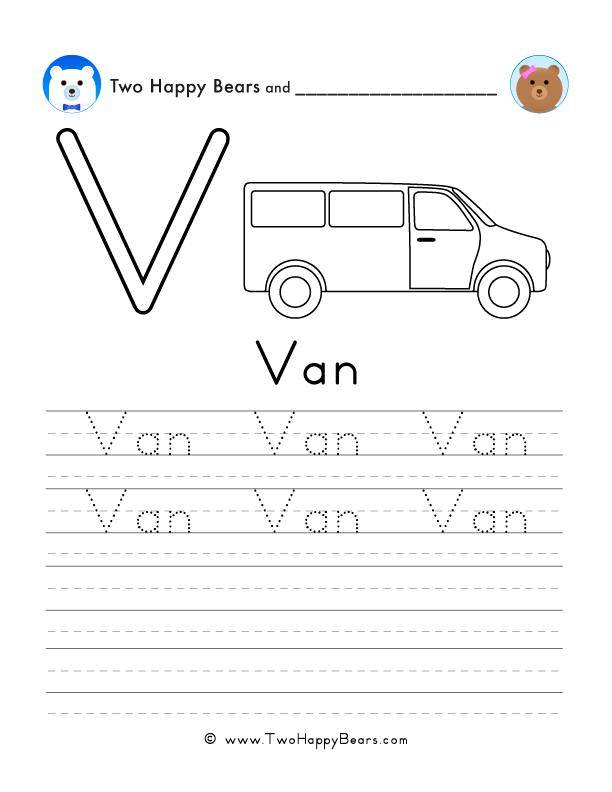 Free printable sheet for tracing and writing the word van, and a picture of a van to color.