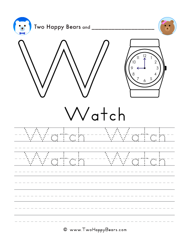 Free printable sheet for tracing and writing the word watch, and a picture of a watch to color.