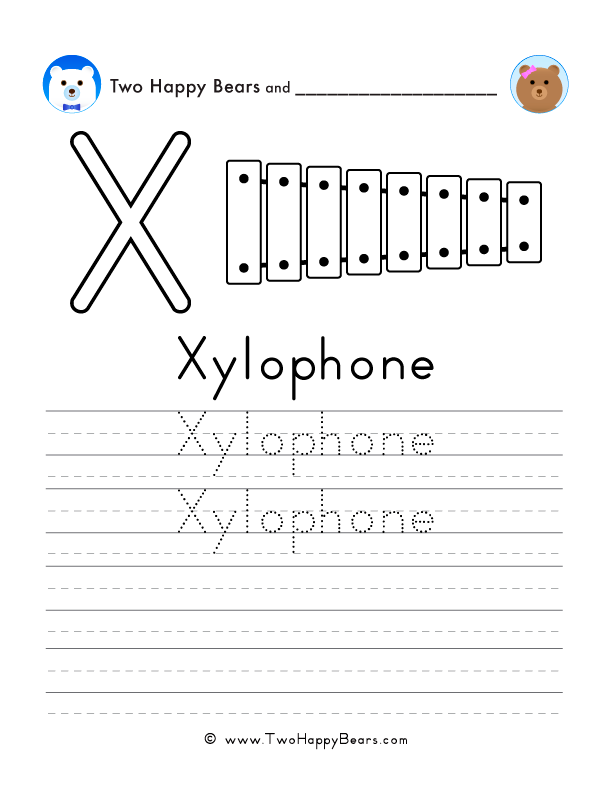 Free printable sheet for tracing and writing the word xylophone, and a picture of a xylophone to color.