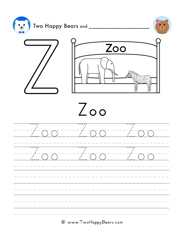 Free printable sheet for tracing and writing the word zoo, and a picture a zoo to color.