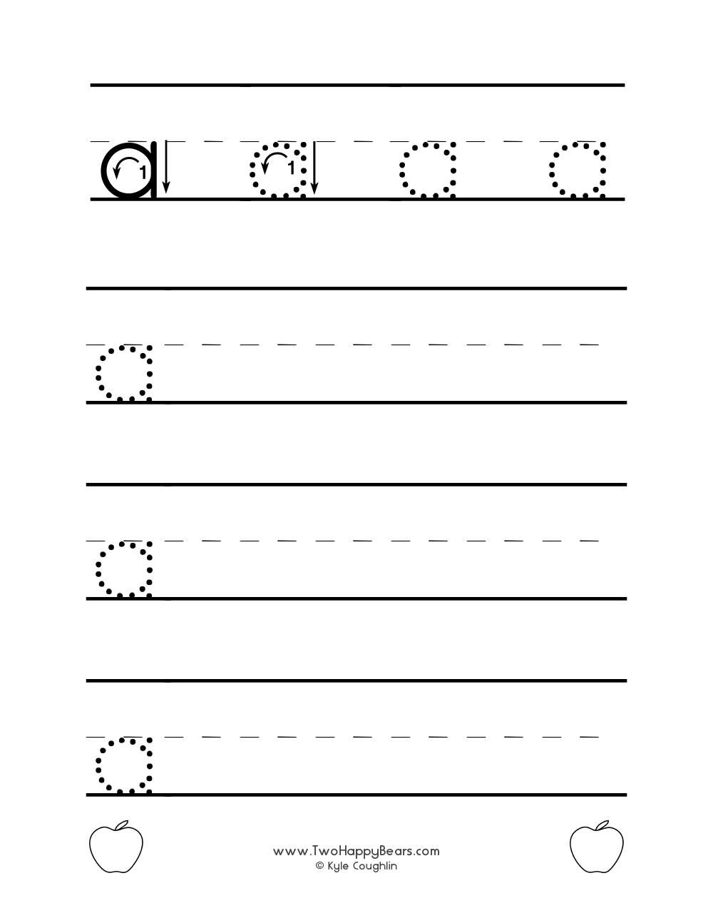 Lowercase letter A worksheet for tracing and drawing