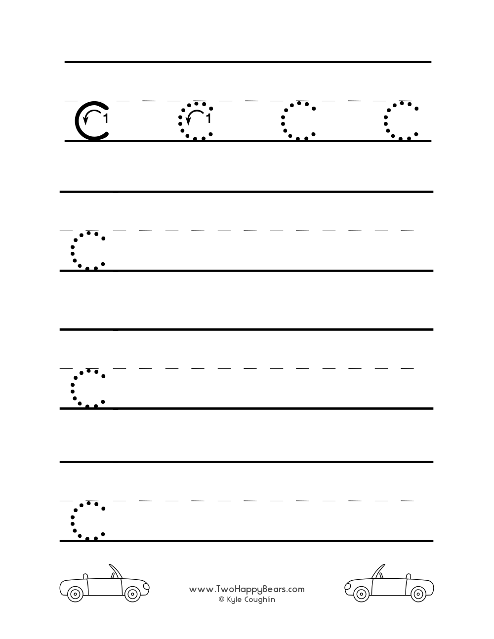 Lowercase letter C worksheet for tracing and drawing