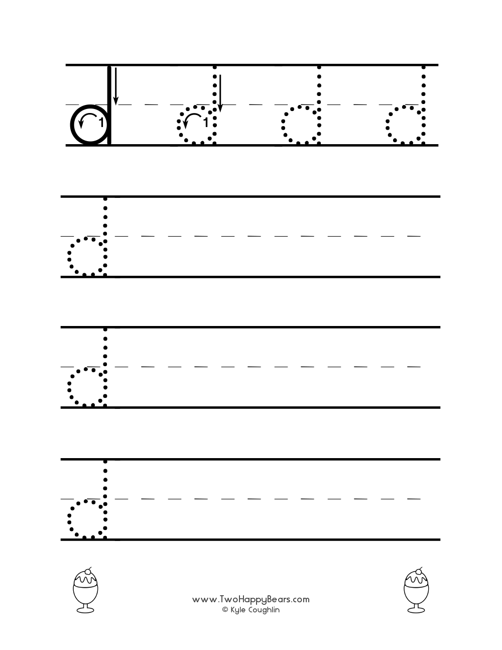 Lowercase letter D worksheet for tracing and drawing