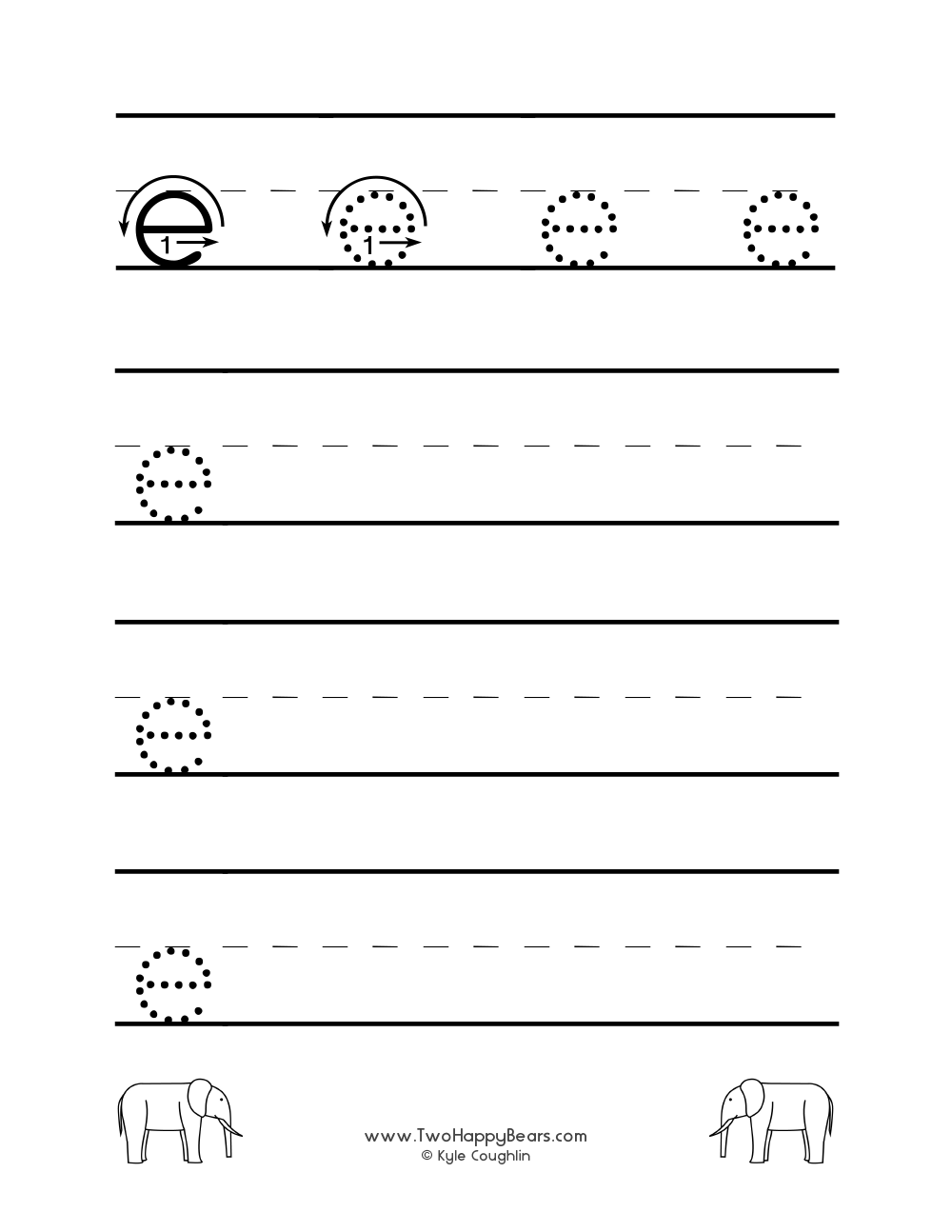 Lowercase letter E worksheet for tracing and drawing