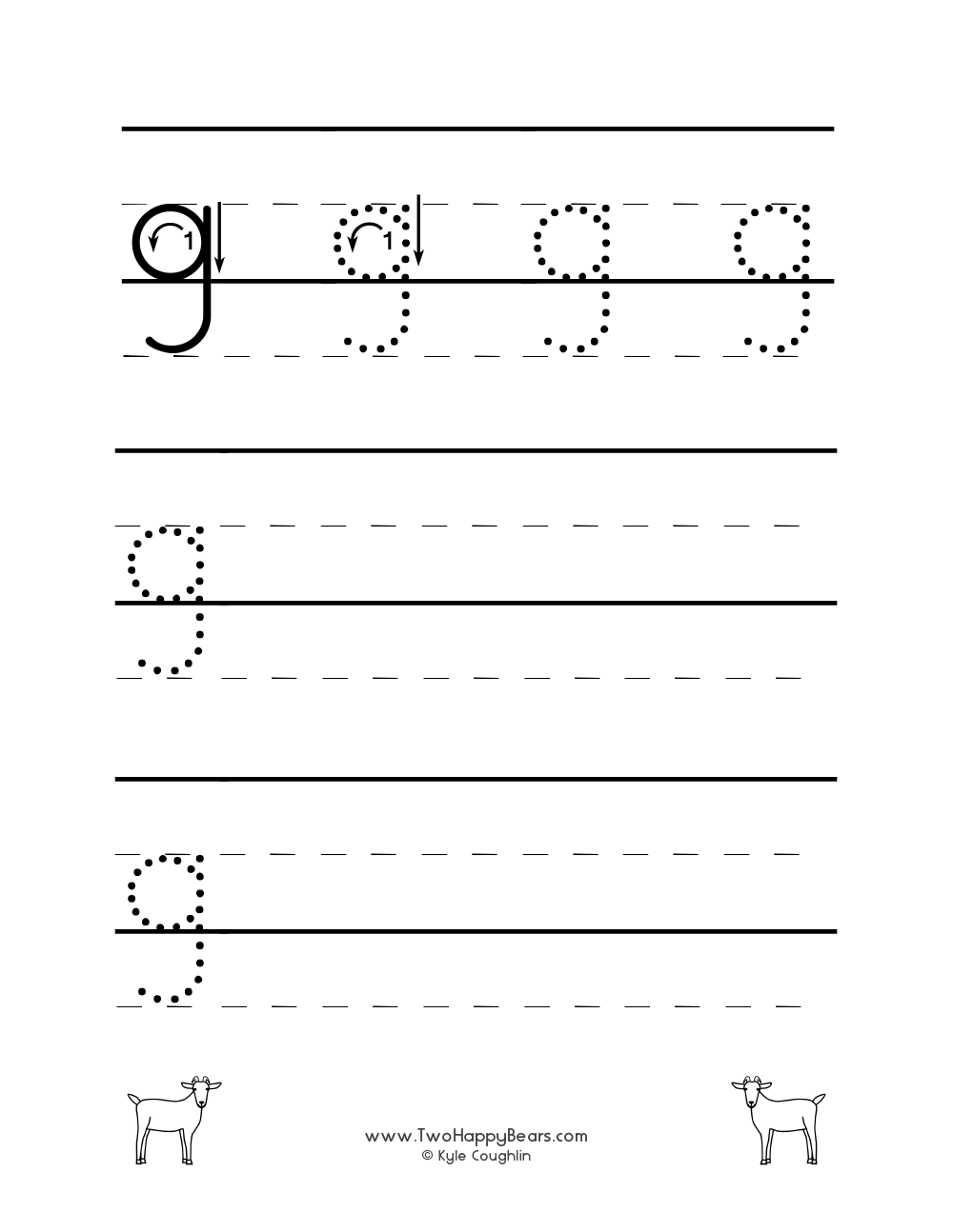 Lowercase letter G worksheet for tracing and drawing